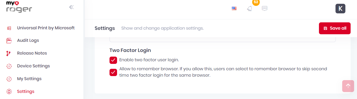 Two factor login settings