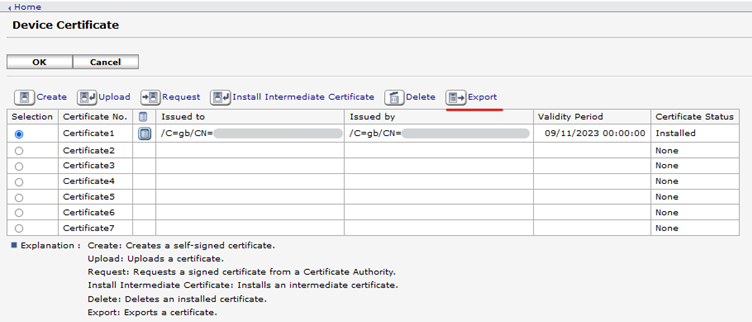Exporting the certificate from the device web UI