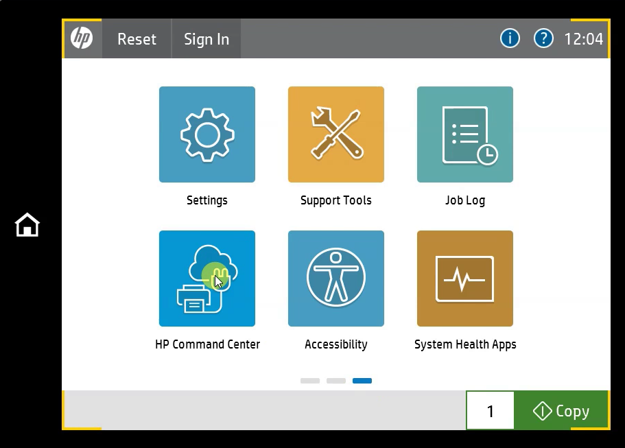HP Command Center app on the device panel