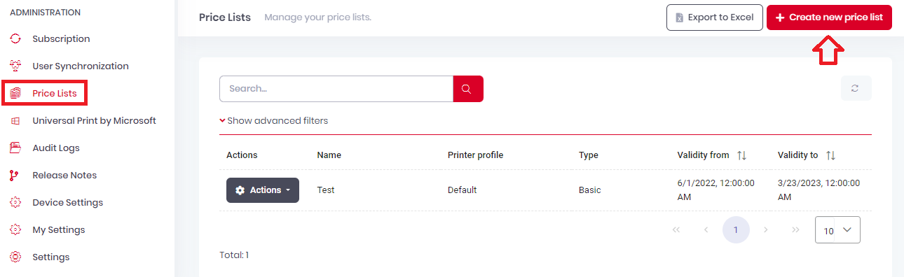 Creating a new price list