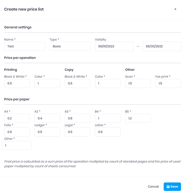 Price list properties