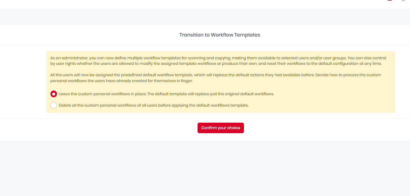 Workflow templates transition confirmation dialogue