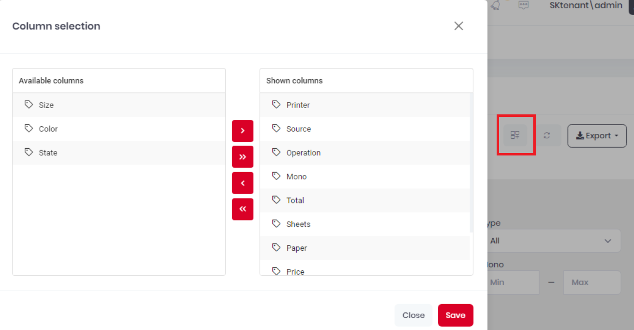 Jobs column selection