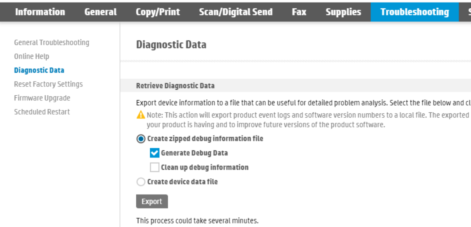 Exporting logs in the device Web UI