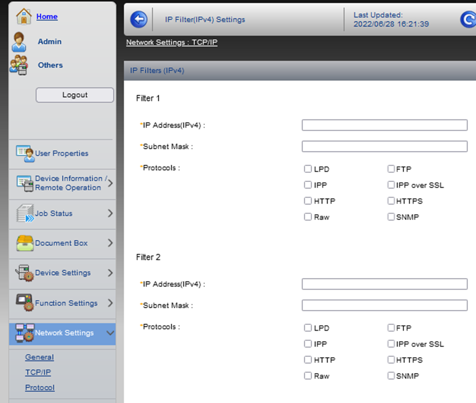 IP filters settings on the device web UI