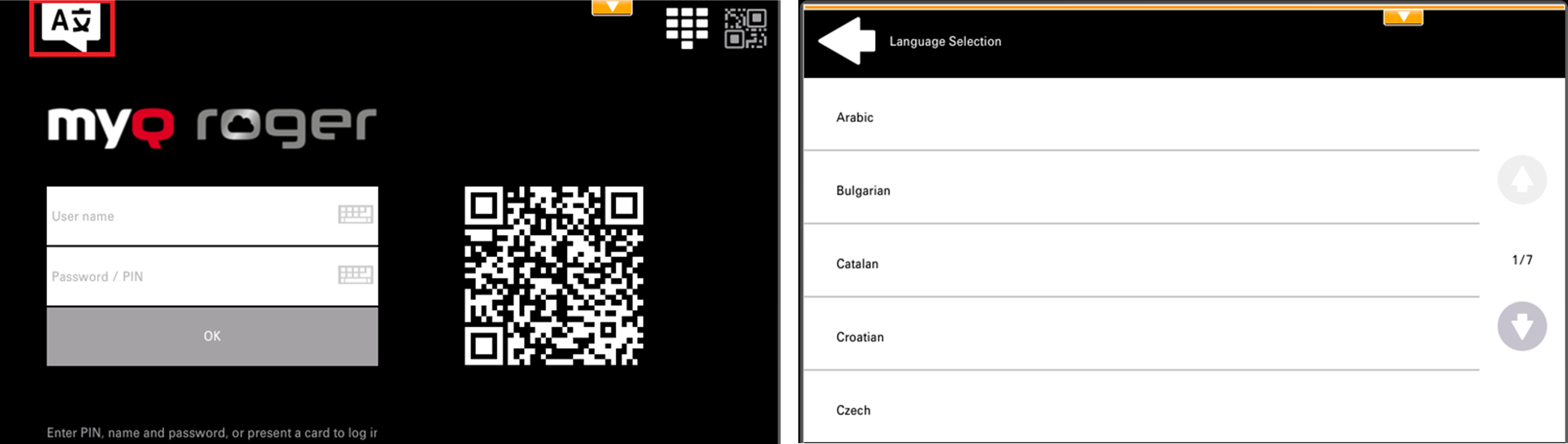 Language selection on the Top menu login screen