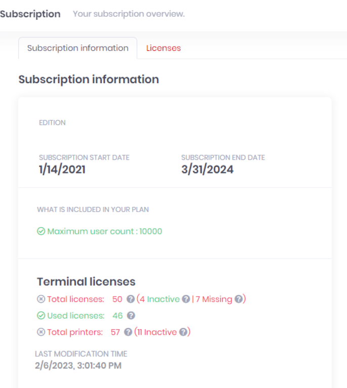 Subscription Information tab