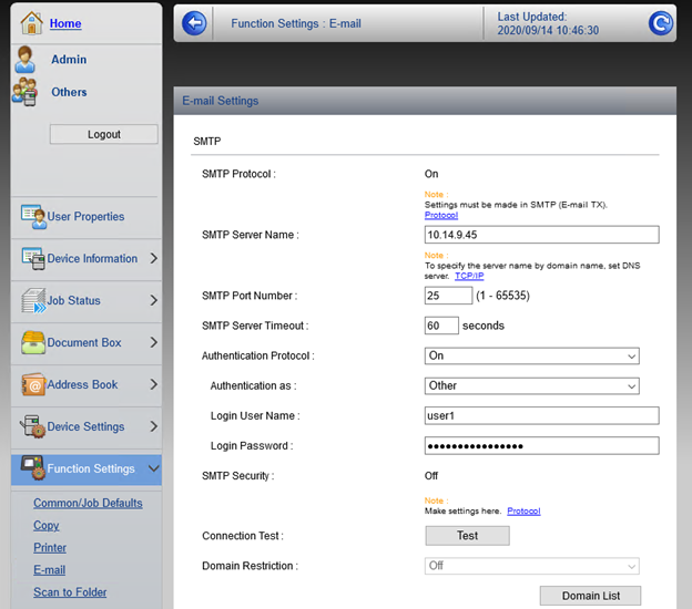 Kyocera web UI - SMTP settings