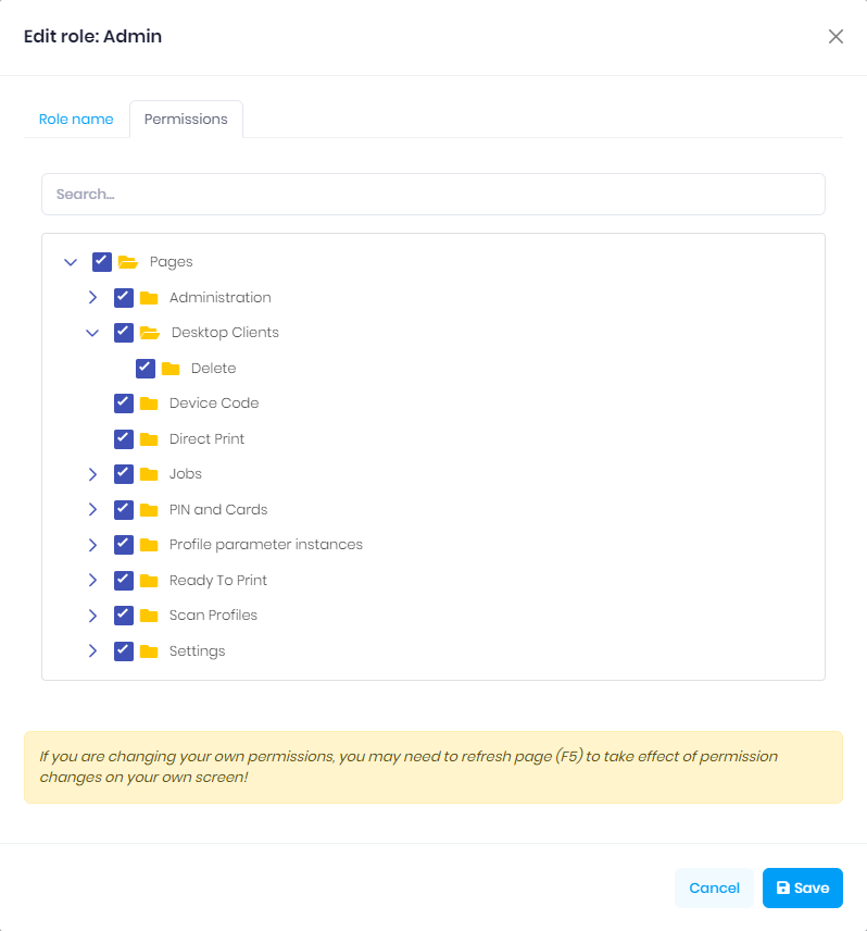 Editing permissions for the admin role