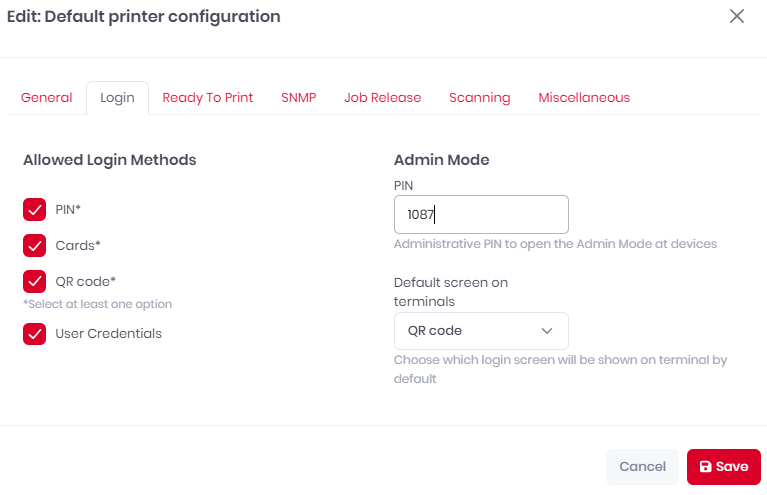 Printer configuration - Login Tab