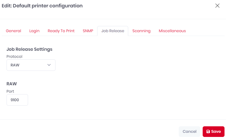 Printer Configuration - Job Release Tab